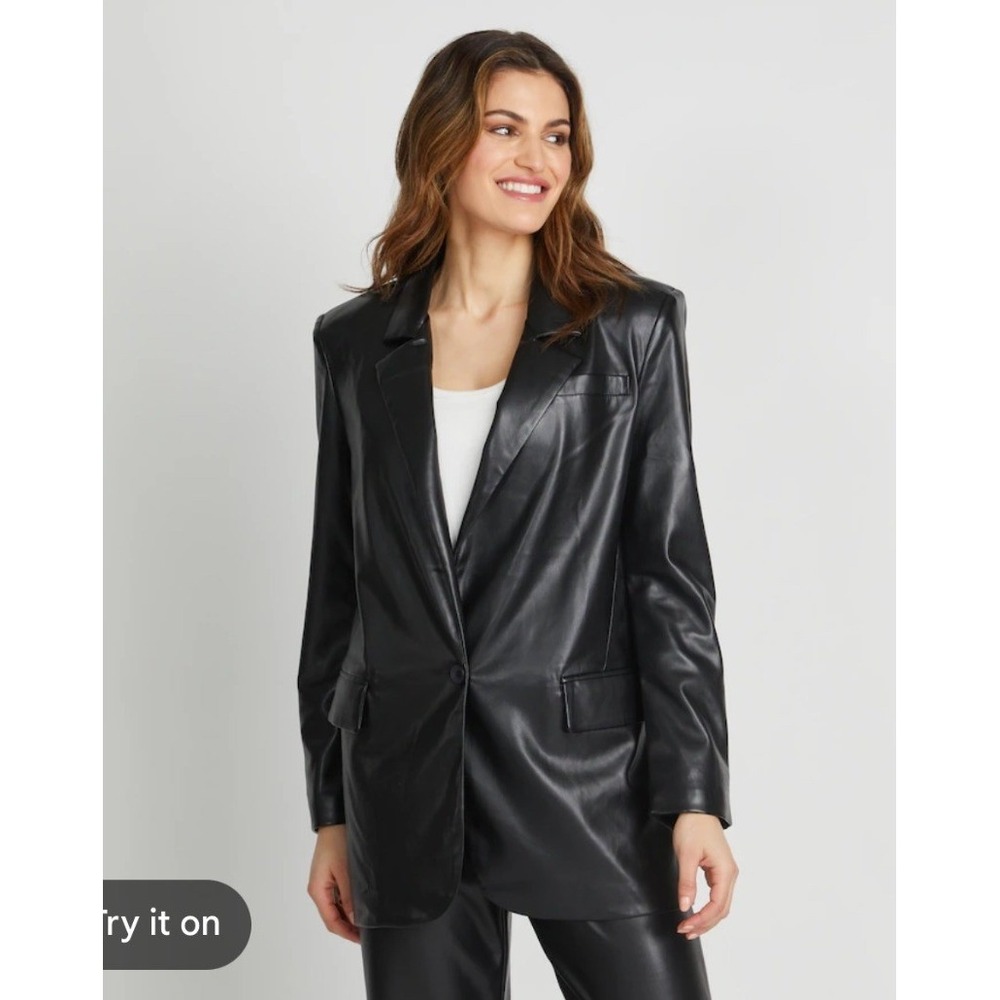 Badgley Mischka Black Faux Leather Boyfriend Blazer Jacket 8BRJ0180 Small